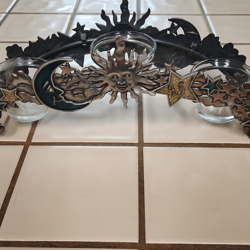 Spoontiques Vintage Pewter Celestial Sun & Moon Votive Candle Holder